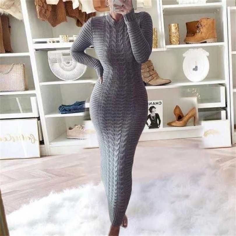 

Fashion Autumn Office Elegant O Neck Maxi Dress Ladies Long Sleeve Bodycon Party Winter Women Sexy Slim Knit Sweater 211109, 06 rose red