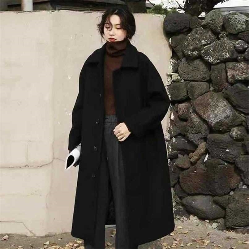 

Women's Woolen Coat Korean Style Loose and Thin Mid-length Over-the-knee Hepburn Wind Winter Autumn 211110, Black