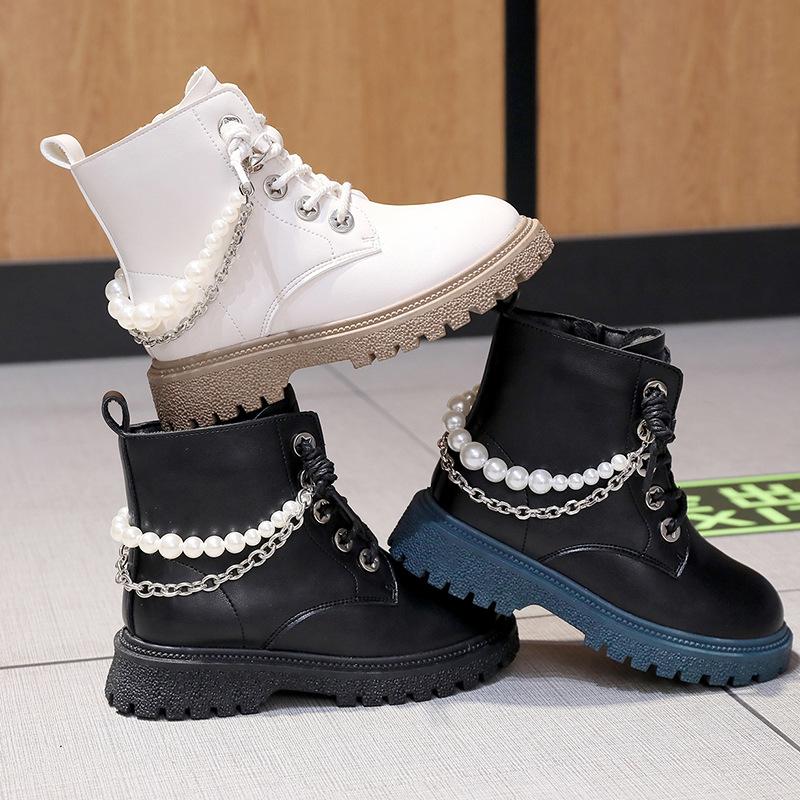 

Children Autumn Boots Metal Chian Casual Flat Short Little Princess Pearl Cool, Ivory