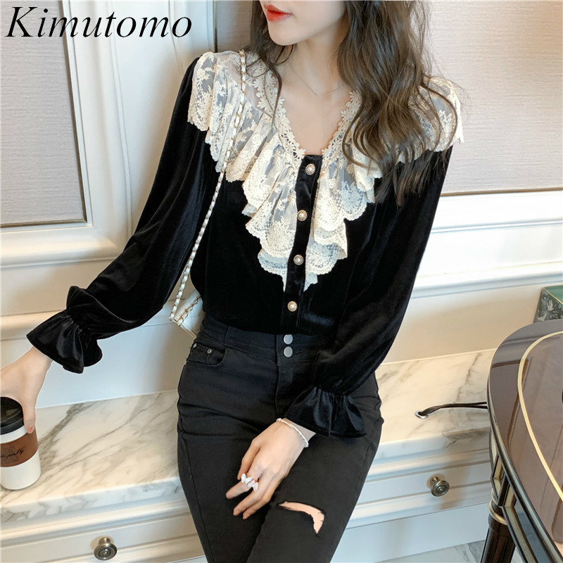 

Kimutomo Women Vintage Velvet Blouse Spring Autumn Korea Chic Female V-neck Lace Patchwork Flare Sleeve Shirt Casual 210521, Black