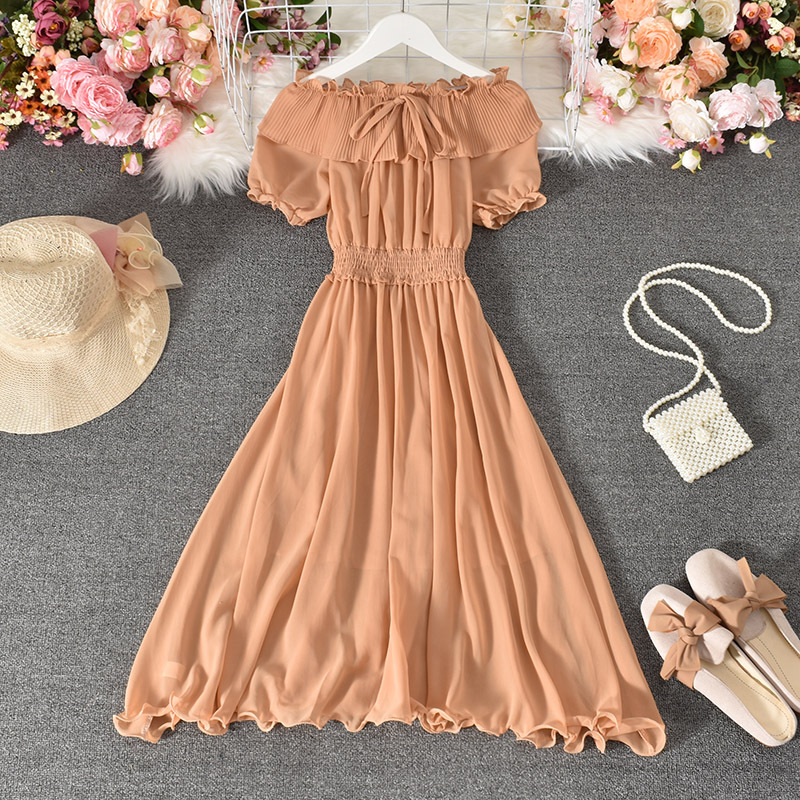 

off-shoulder chiffon solid midi dress women summer beach holiday short sleeve slim dresses ladies fashion a-line dresshigh quality, Black;gray