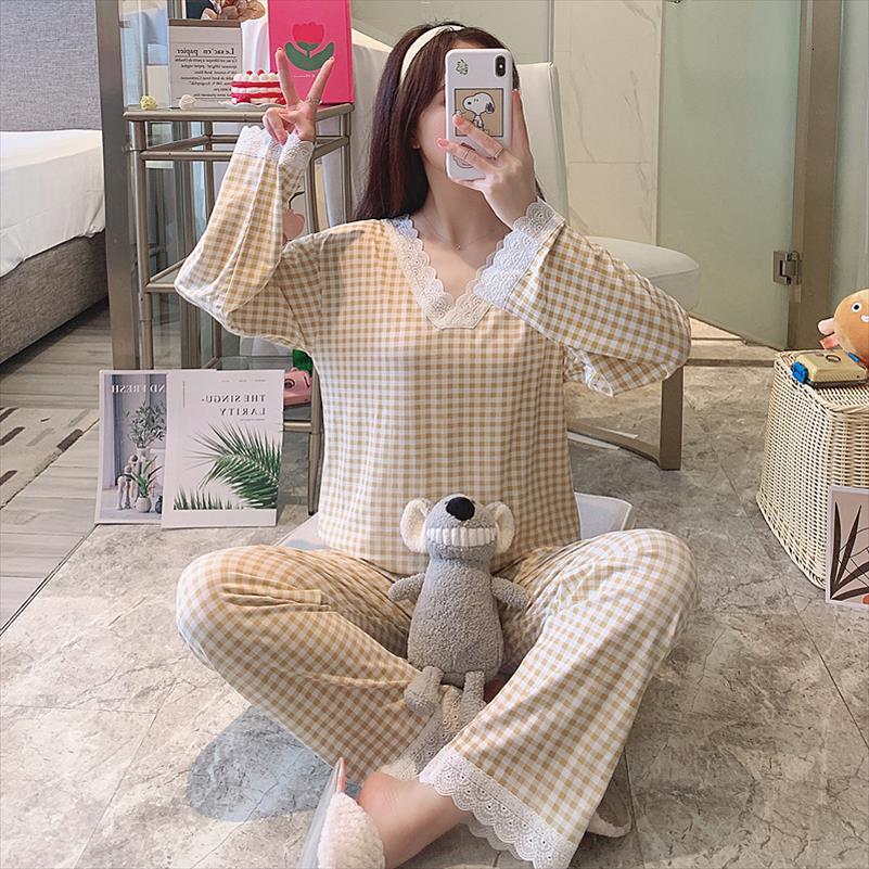

plaid home clothes girls womens sleepwears simple design plus size soft sweet loose pjs v neck lace pajama sets, Black;red