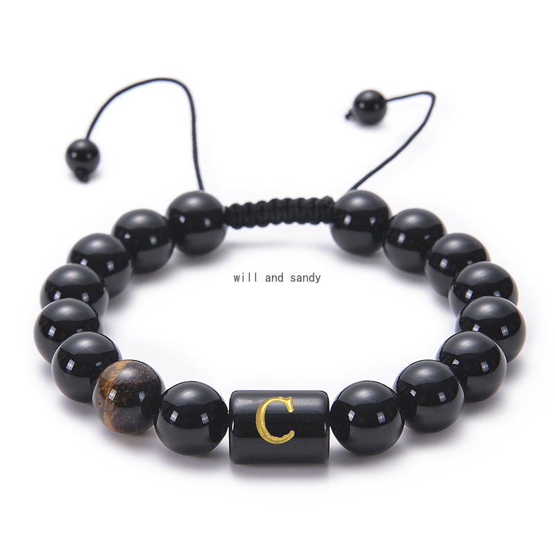 

Natural Stone A-Z English Letter Tiger Eye Black Agate Bead Bracelet Initial Woven Adjustable Bead Bracelets bangle cuff women men fashion jewelry