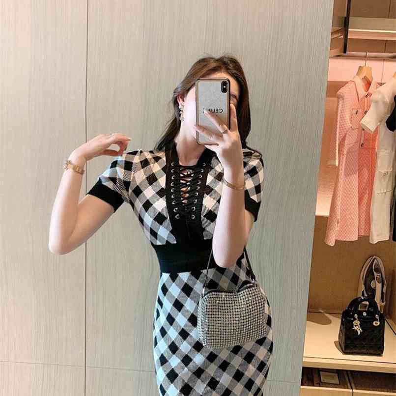 

Fashion Women's Dress Spring Temperament Bandage V-neck Plaid Waist Thin Knitted Hip 210520, Black