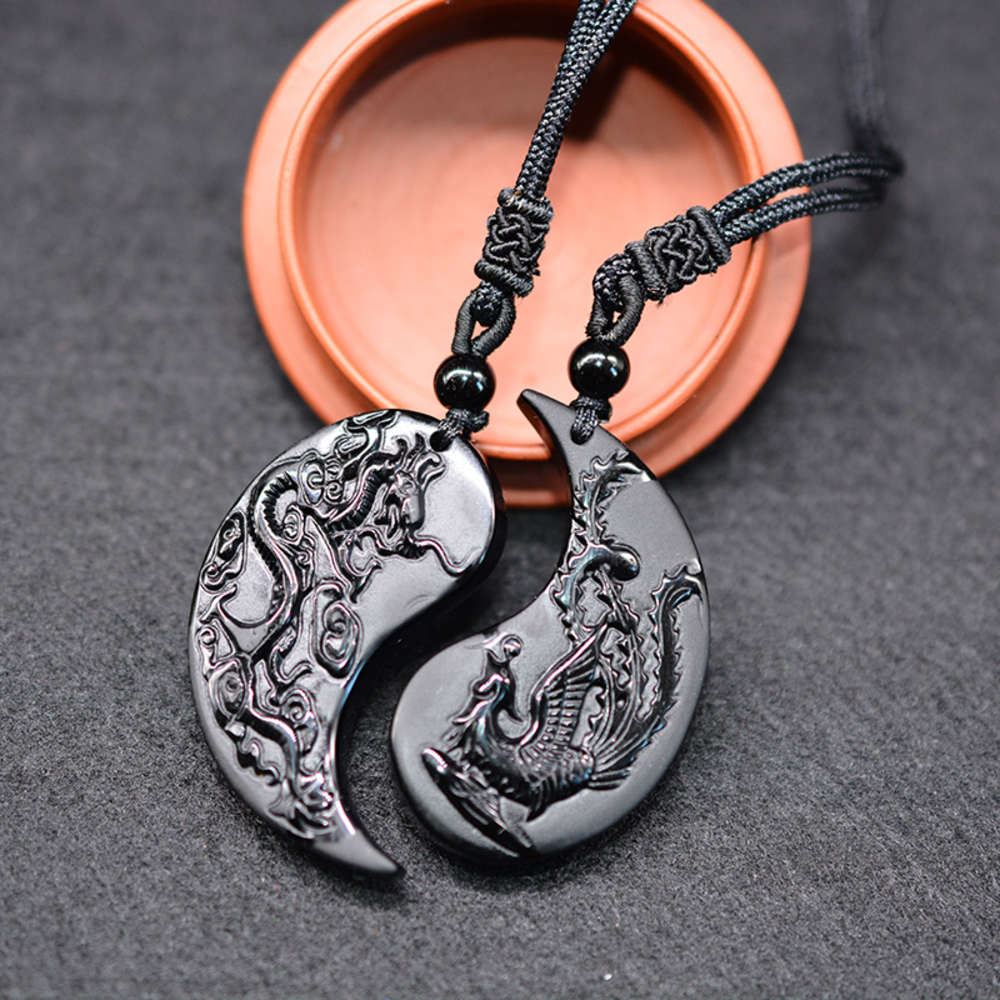 

1 Set Obsidian Taichi Dragon and Phoenix Necklace Pendant Yin Yang Cky s