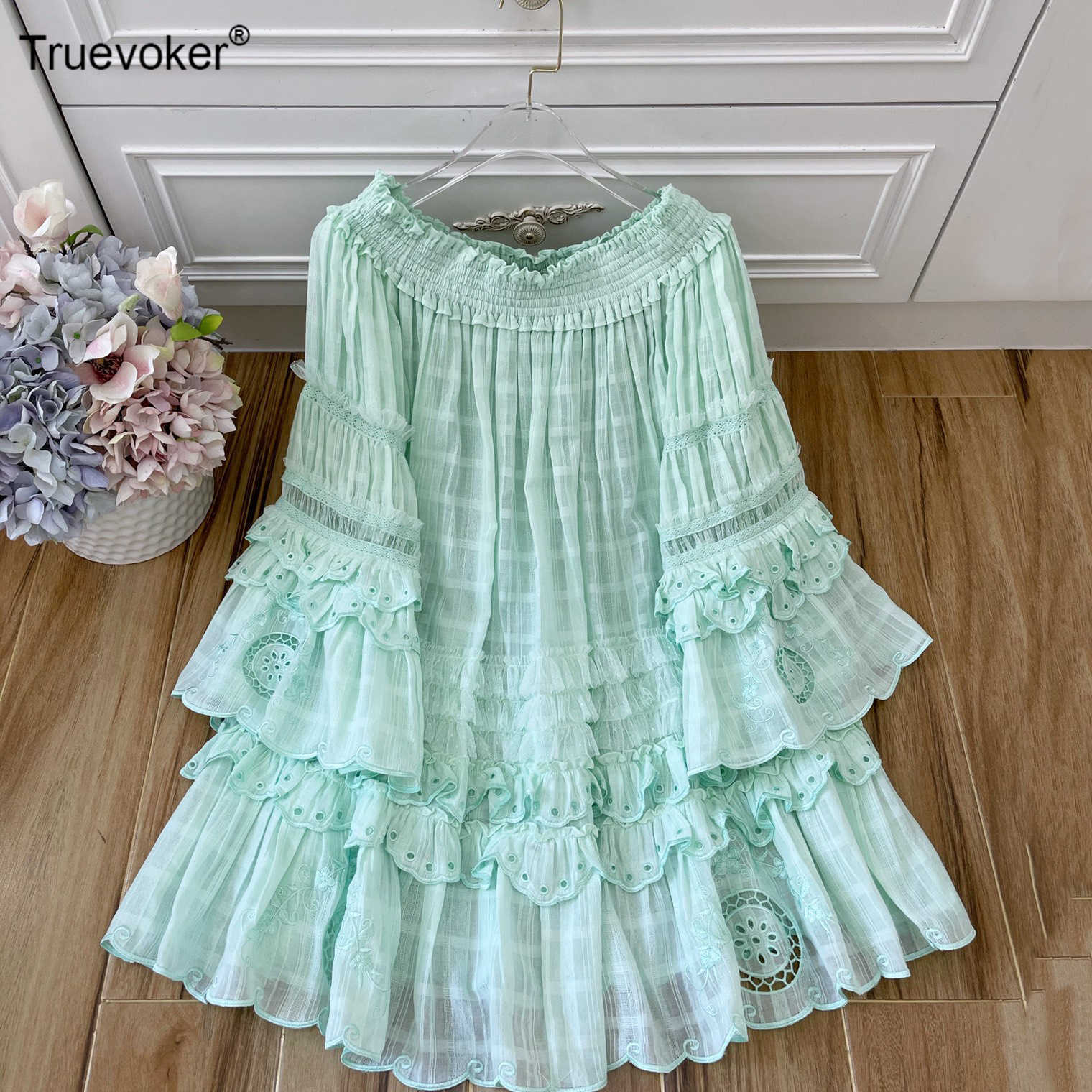 

Truevoker Spring Runway Fashion Cotton Vocation Dres's Slash Collar Off Shoulder Embroidery Ruffle Loose Party 210602, White