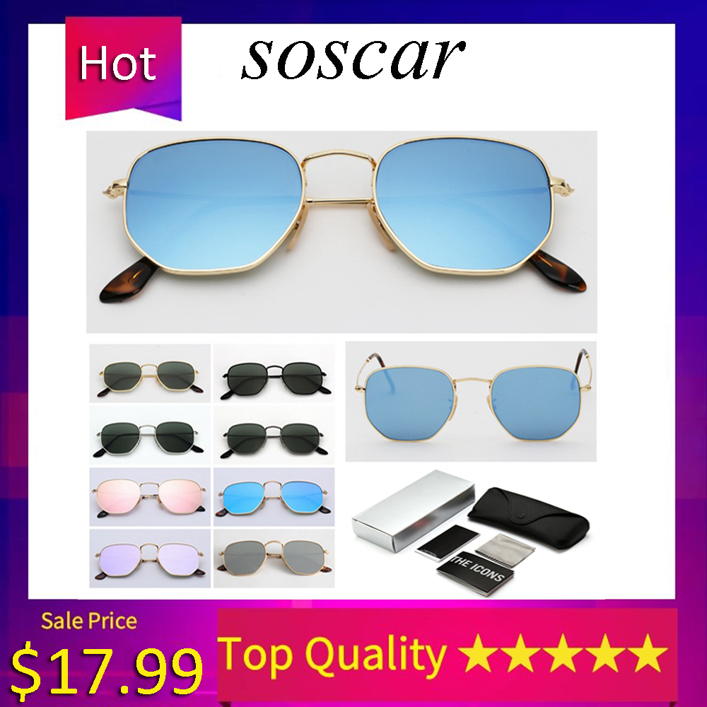 

Soscar Fashion Hexagonal Flat Lenses Sunglasses for Women UV400 Brand Designer Sunglasses Metal Frame HD Glass Lens Gafas de sol with Full set of accessories 3548N