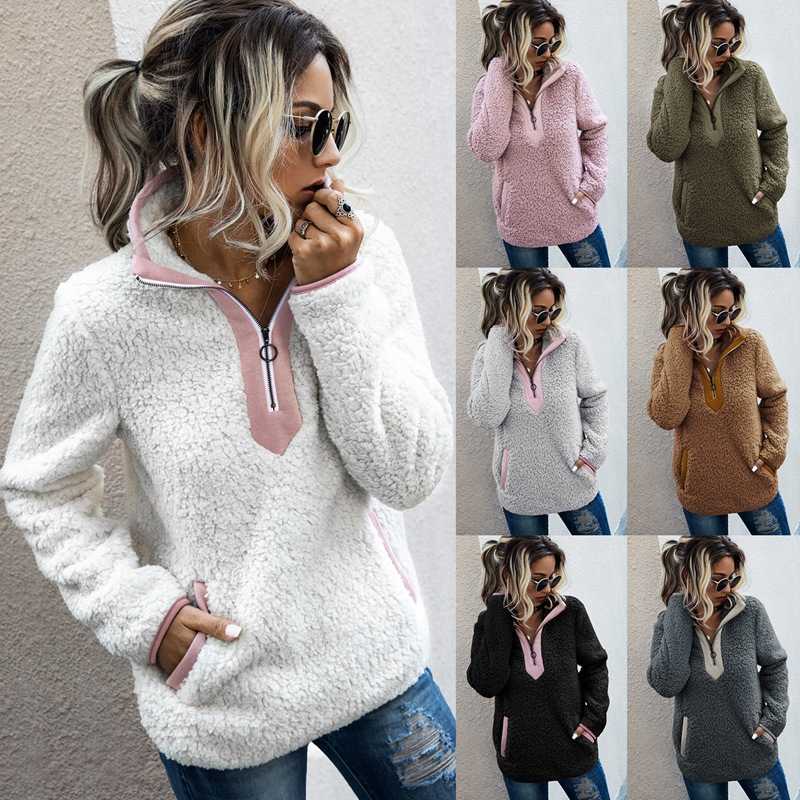 

Women Sherpa Sweater Teddy Fleece Pullover Half Zipper Sherpa Fleece Tops Female Warm Coat Sweaters X0721, Dark grey