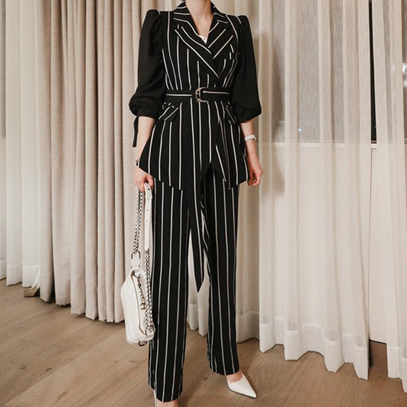

ZAWFL Work Pant Suits OL 2 Piece Set for Women Fashion Business interview suit striped Blazer Office Lady Suit With Belt 210525, Black