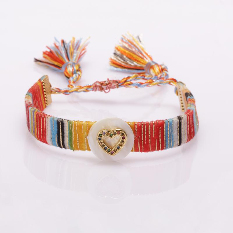 

Charm Bracelets Cz Paved Gold Hollow Heart White Shell Bead Tassel Bohemia Gypsy Silk Ban Bracelet For Woman Wrist Jewelry