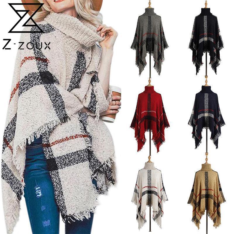 

Women Sweater Turtleneck Knitted Oversized Knit Cloak Tassel Cape Shawl Loose Winter Knitwear 210524, Red