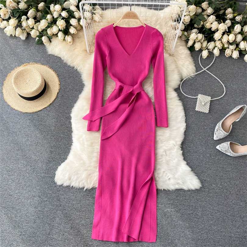 

SINGREINY Women Korean Knitted Dress Long Sleeve V Neck Elastic Slim Pencil Autumn Winter Sexy Bodycon Split Sweater 211110, Brown