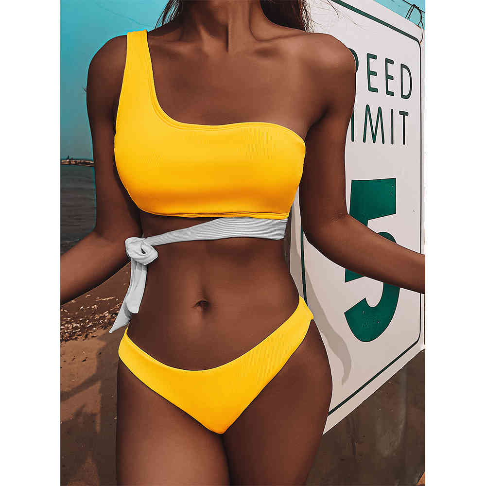 

Sexy One Shoulder Bikini Set Women Swimsuit Push Up Swimwear Female Bandage Bathing Suit Summer Beach Wear Swimming XL 210521, Yellow