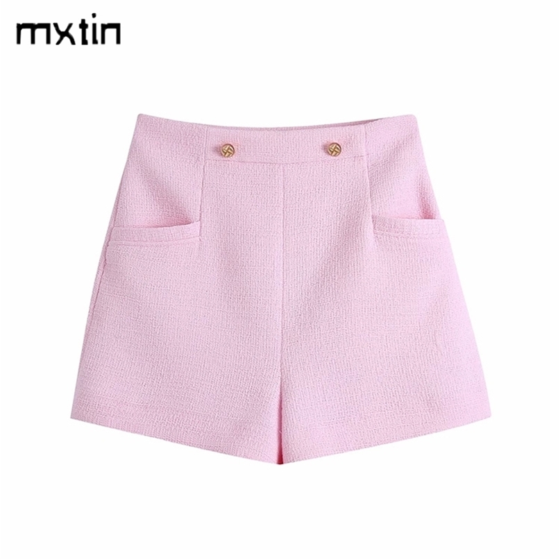 

Women Vintage With Double Buttons Plaid Tweed Shorts Fashion Spring Pocket High Waist Side Zipper Female Skort Mujer 210722, As picture