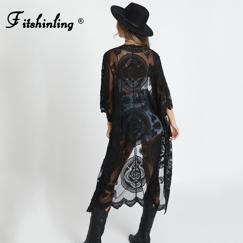 

Fitshinling Bohemian Lace Beach Cover Up Swimwear Transparent Sexy Hot Summer Long Cardigan Holiday Floral Bikini Outing 2021