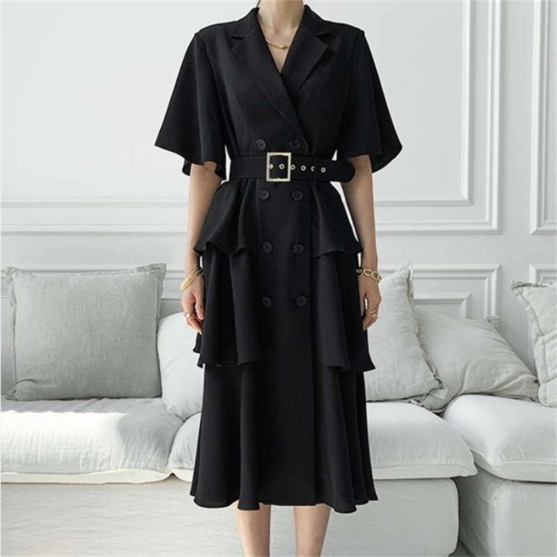 

Summer Retro Short Sleeve Dress Turn-down Collar Double Breasted Belted Women Fashion 210603, White