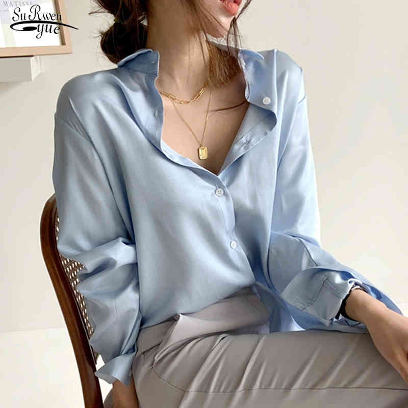 

Elegant Korean Office Shirt Fashion Button Up Silk Blouse Autumn Vintage Hong Kong Loose Stylish Satin Women 12512 210521, Pink