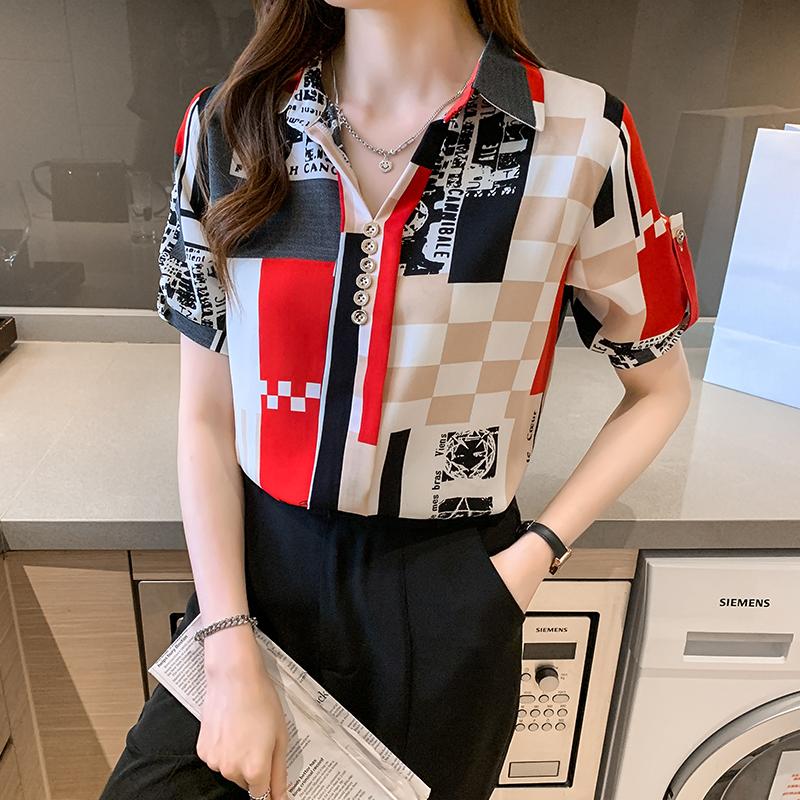 

Women's Blouses & Shirts Shirt Women Summer Printing Chiffon Blouse Three Quarter Casual Female 2021 Fashion Ladies Office -Neck Tops He, White