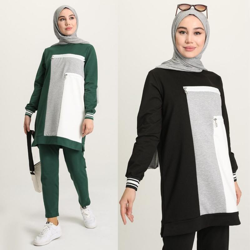 

Ethnic Clothing Zippered Garnish Tracksuit Set Long Sleeve Zero Collar Winter Seasonal Turkey Dubai Islamic Women Muslim Hijab Fashion