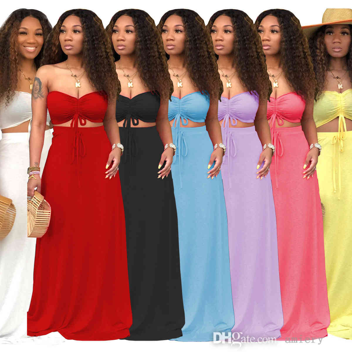 

Women Two Piece Dress Suit Sexy Tie Rope Bra Pleated Long Dresses Hollow Out Open Back Vest Fashion Bag Hip Overskirt NightclubWear, Black