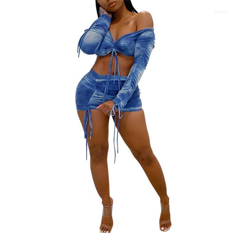 

Hirigin Tie Dye Women Suits Sexy V-neck Long Sleeves Short Top + Mini Skirt 2pcs Spring Fall Costume Female Outfits1, Gray