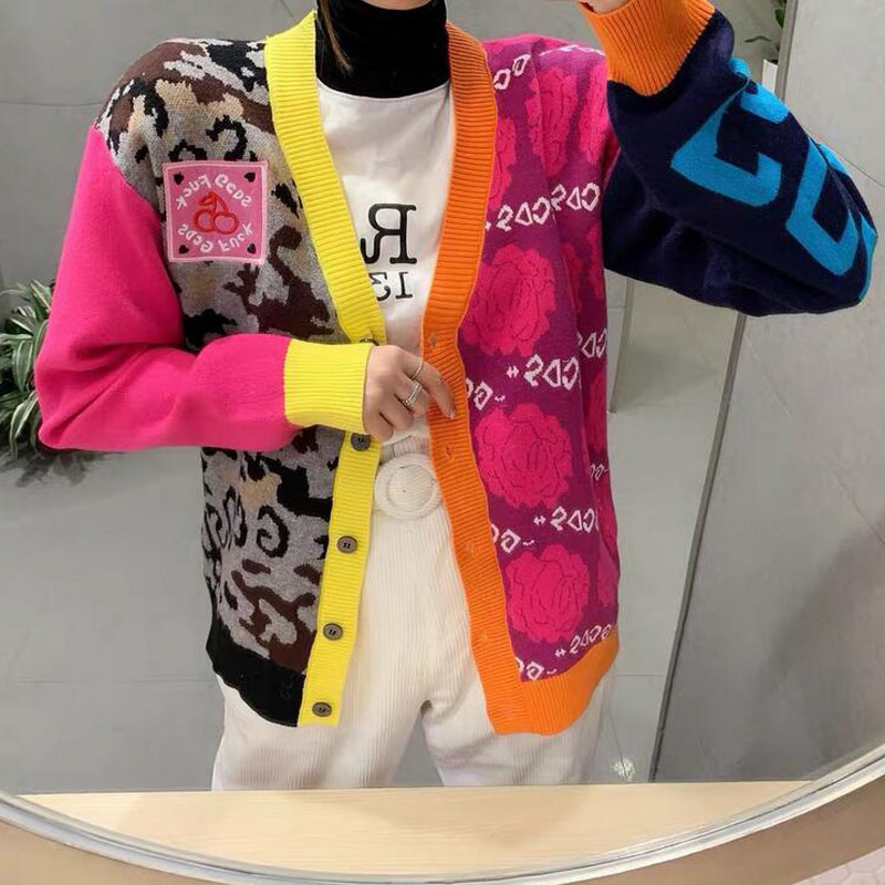 

Fashion V-neck Long-sleeved Knit Womens Sweaters Cardigan Loose Casual Jacket Korean Brand Designer Letters Embroidery Print Sweater Sweet Wind Coat Clothing, Multi