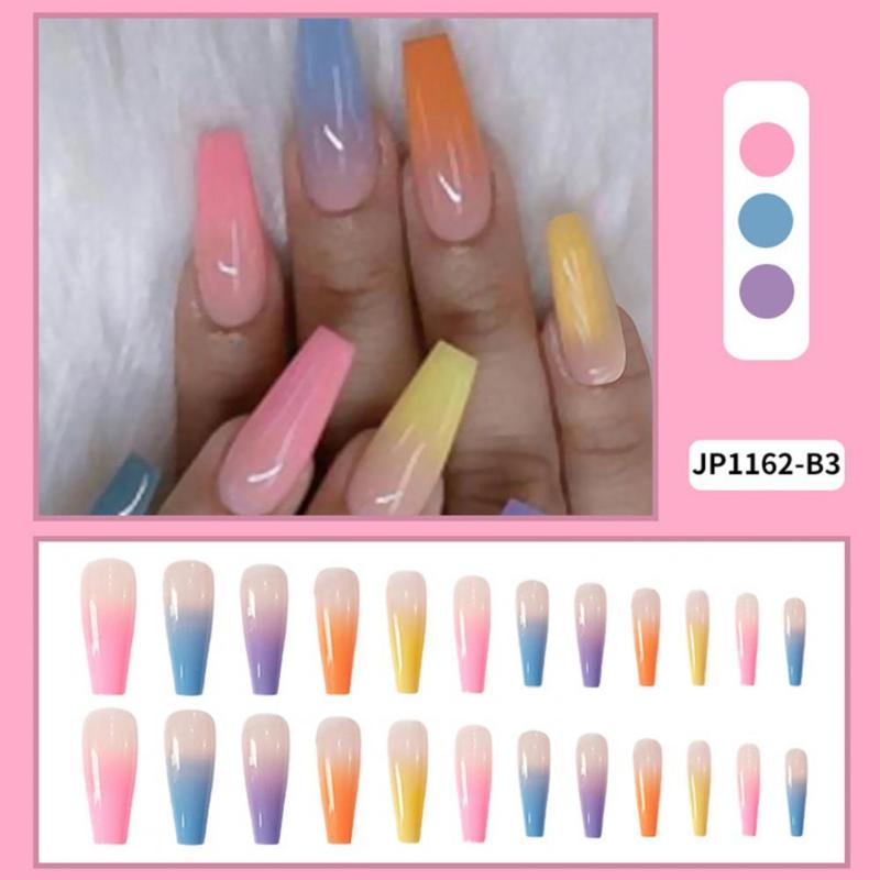 

False Nails 20pcs DIY Full Cover Nail Tips Coffin Fake Rainbow Gradient Candy Trapezoidal Ballet Wearable, Red;gold