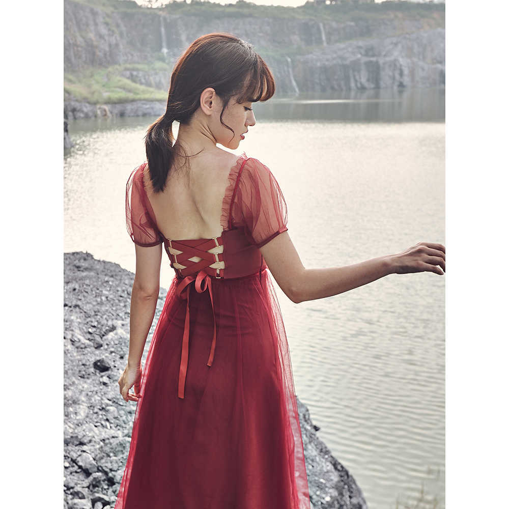 

Vintage Sweet Burgundy Red Dress Evening Party Midi Puff Sleeve Lace Up Mesh Girls Cute Dresses Fashion Vestidos 210608, Claret-red