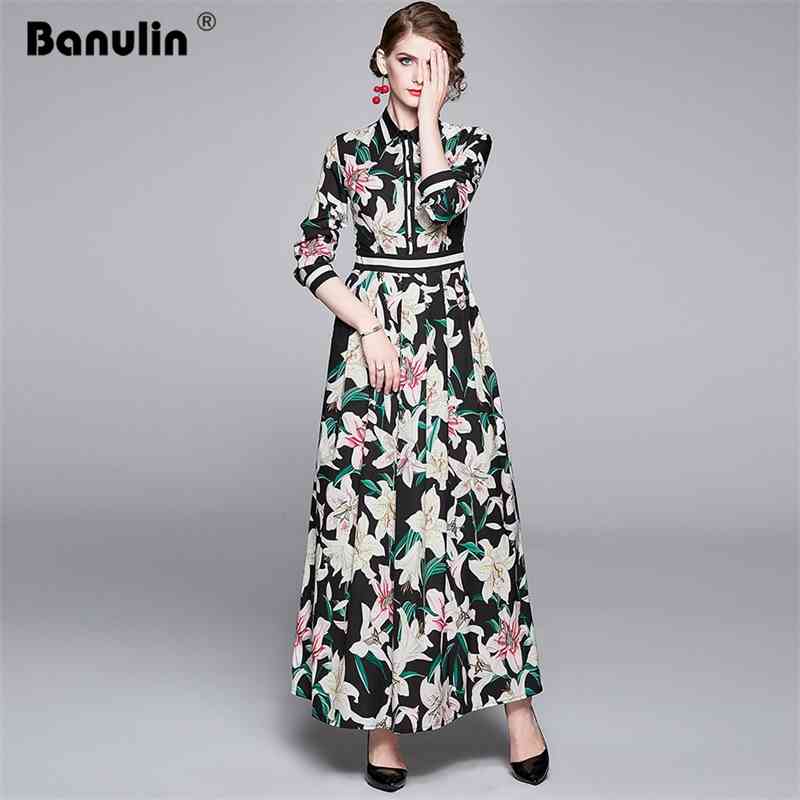 

Banulin Spring Autumn Runway Floral Dress Women's Long Sleeve Chic Lily Print Elegant Maxi robe longue femme ete 210603, The picture color