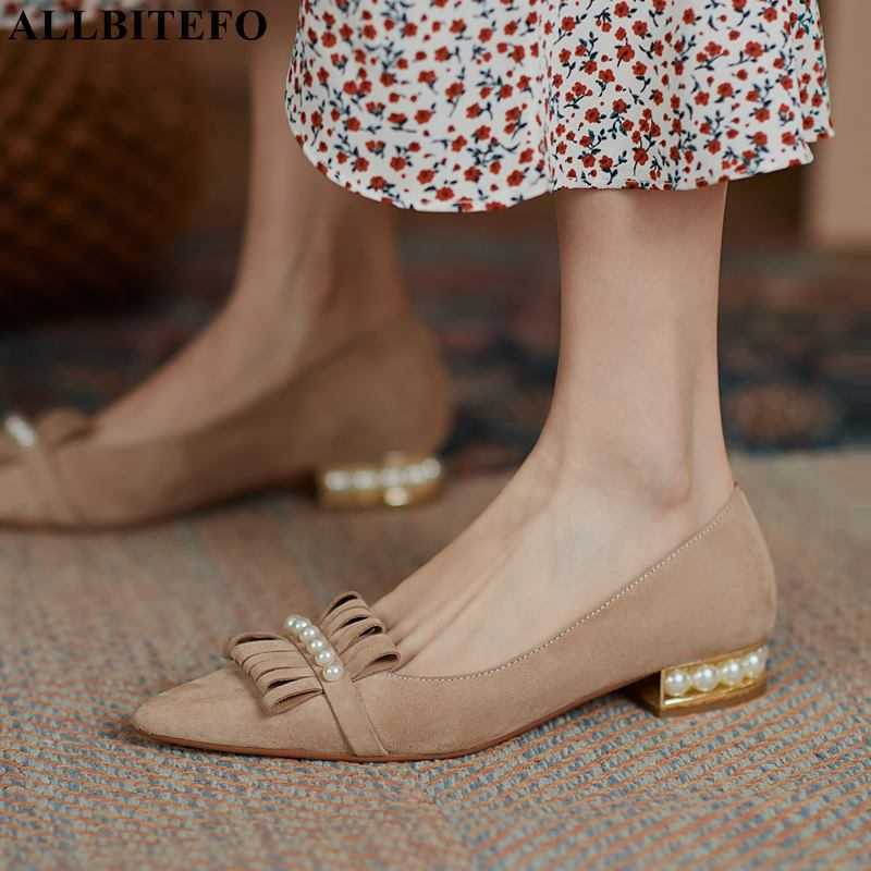 

ALLBITEFO Pearl tassel design soft suede genuine leather women heels spring fashion sheepskin inside low heel shoes high heels 210611, As picture