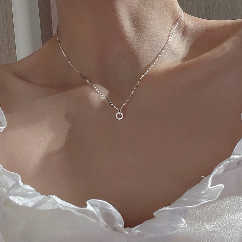 

925 Sterling Silver Necklace Flash Diamond Geometric Double Circle Pendant Female Simple Clavicle Chain Wedding Jewelry