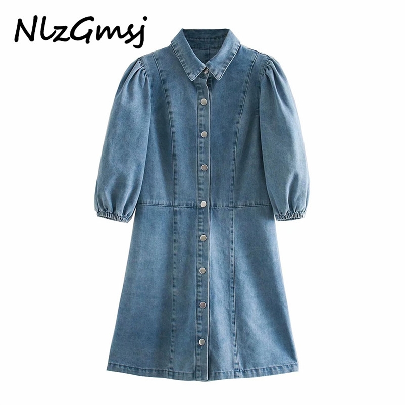 

Nlzgmsj Women Chic Fashion Puff Sleeve Denim Mini Dress Vintage Lapel Collar Button-up Female Dresses Vestidos Mujer 210628, As picture