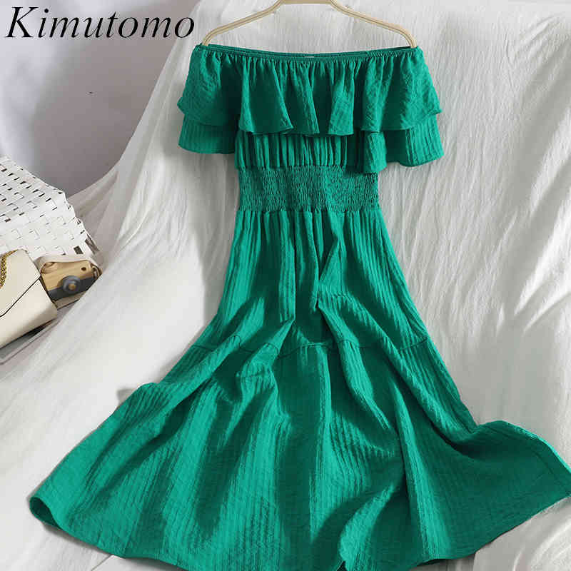 

Kimutomo Ruffles Slash Neck Dress Women Off Shoulder Solid Puff Sleeve Slim Waist Robe Female Korean Summer Fashion Vestidos 210521, Royal blue