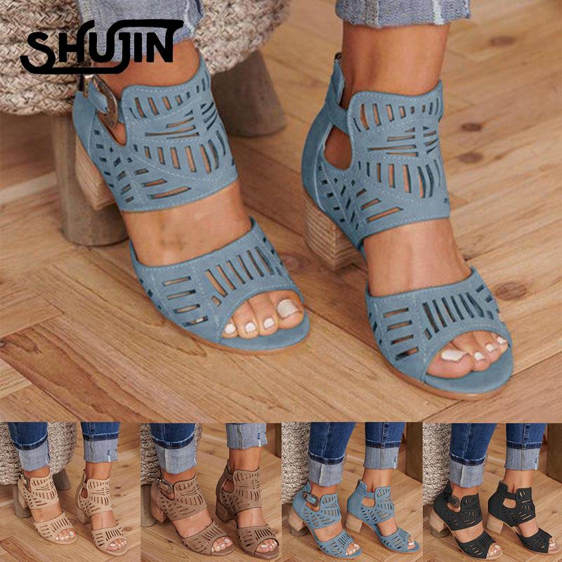

Sandals Dihope Summer Women Bucket Ladies Scrub PU Leather Hollow Out Shoes Square Mid Heels Comfortable Open-toe, Black