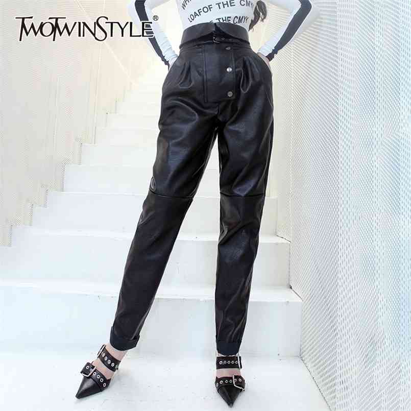 

Streetwear Black Harem Pants For Women High Waist Casual Loose PU Leather Trouser Female Fashion Clothes 210521