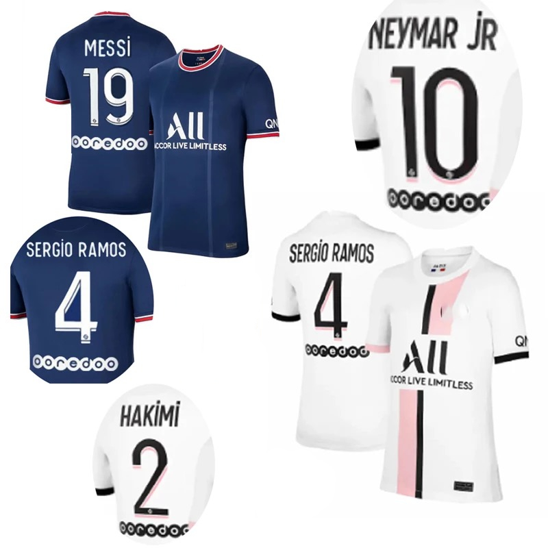 

Messi 2021-2022 PSGES home and away jersey fans Neymar jR Mbappé Ramos Di Maria Marchinhos 21 22 Top Football Men's T-shirt uniforms maillot de foot Soccer