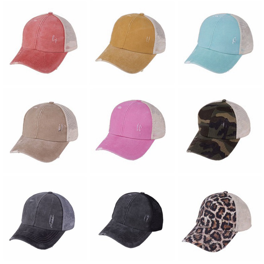 

Ponytail Hats 9 Colors Washed Mesh Back Leopard Camo Hollow Messy Bun Baseball Cap Trucker Hat CYZ3153, As show