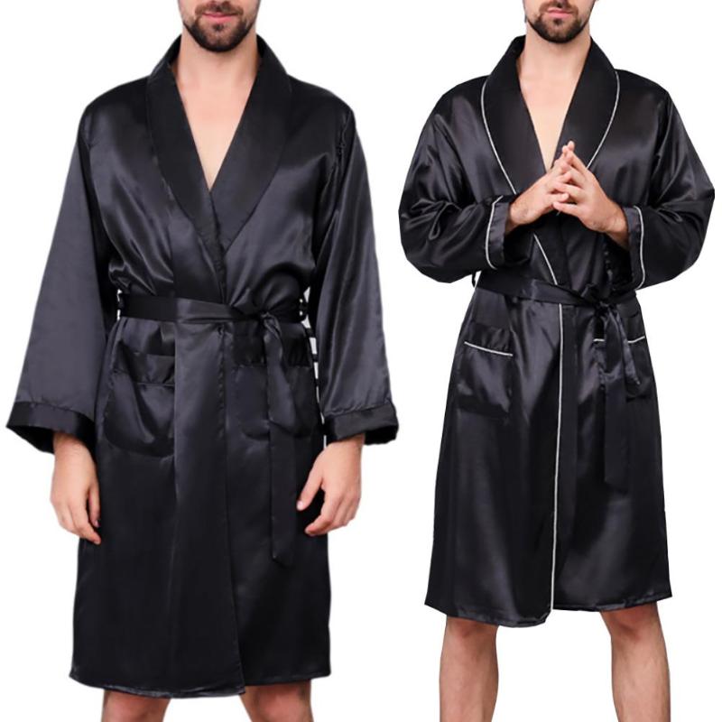 

Men's Sleepwear Men Summer Imitation Silk With Pockets Waist Belt Bath Robe Home Gown Male Nightgown, Black white line