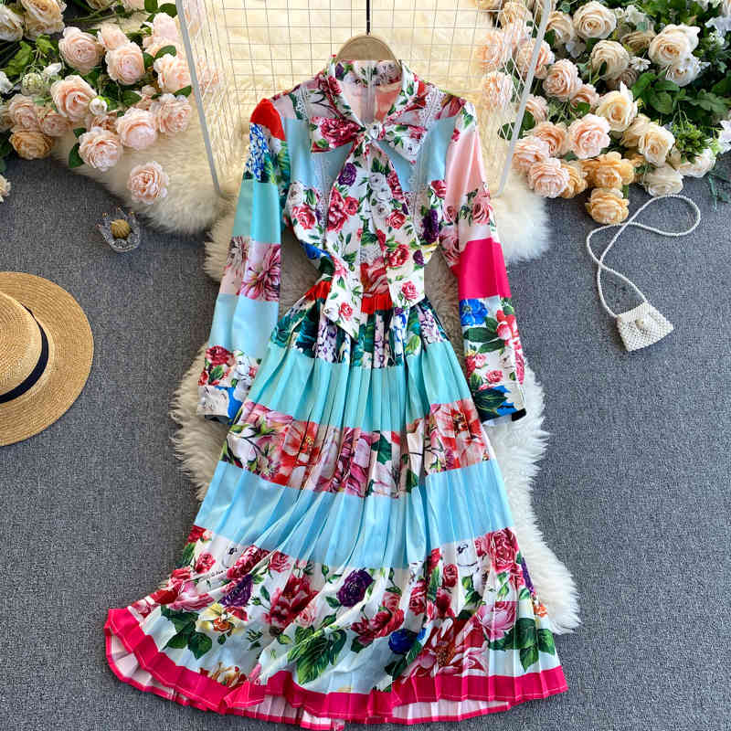 

Summer Arrivals Print V-neck Bow Lace Up Long Sleeve High Waist Slim Pullover Dress MZ477 210525, Blue