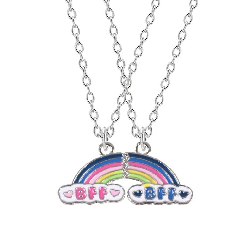 

Chains 2 Piece Set Good Friend Necklace Stitching Rainbow Letters Heart Pendant Fashion Men And Women Jewelry Valentine's Day Gift, Silver