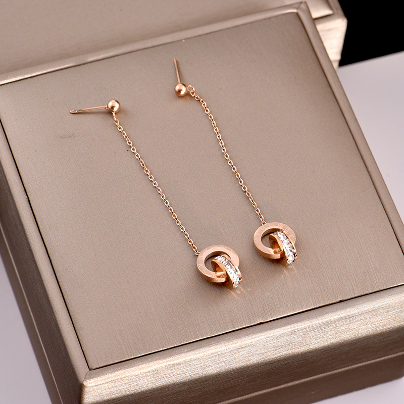 

Crystal Diamond Stud Earrings Charm Gold Titanium Steel Double ring Wound Roman Tassel Numerals Studs Earring for Women Gift Jewelry Never Fade Not Allergic