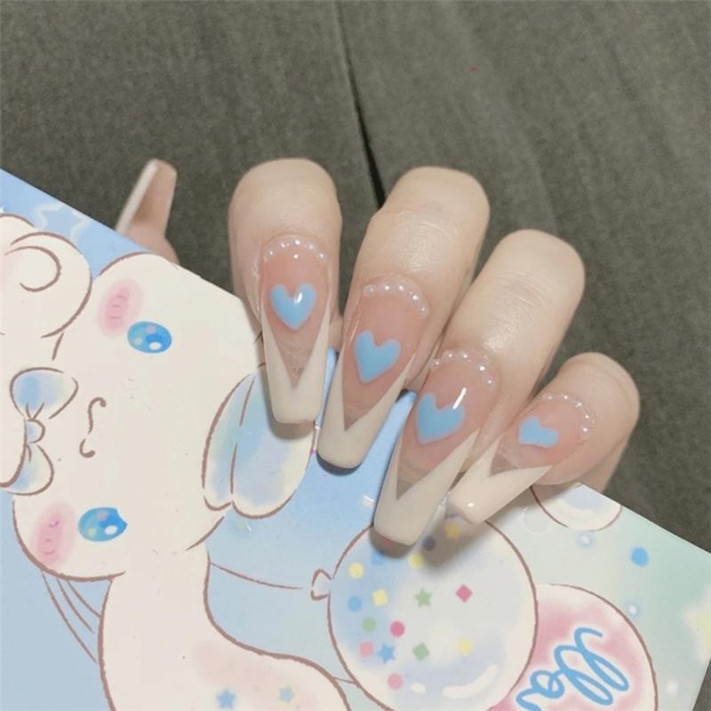 

False Nails 24Pcs/Box Long Coffin Fake White Love Pearl Design Ballerina Fasle With Glue Full Cover Nail Tips Press On, Red;gold