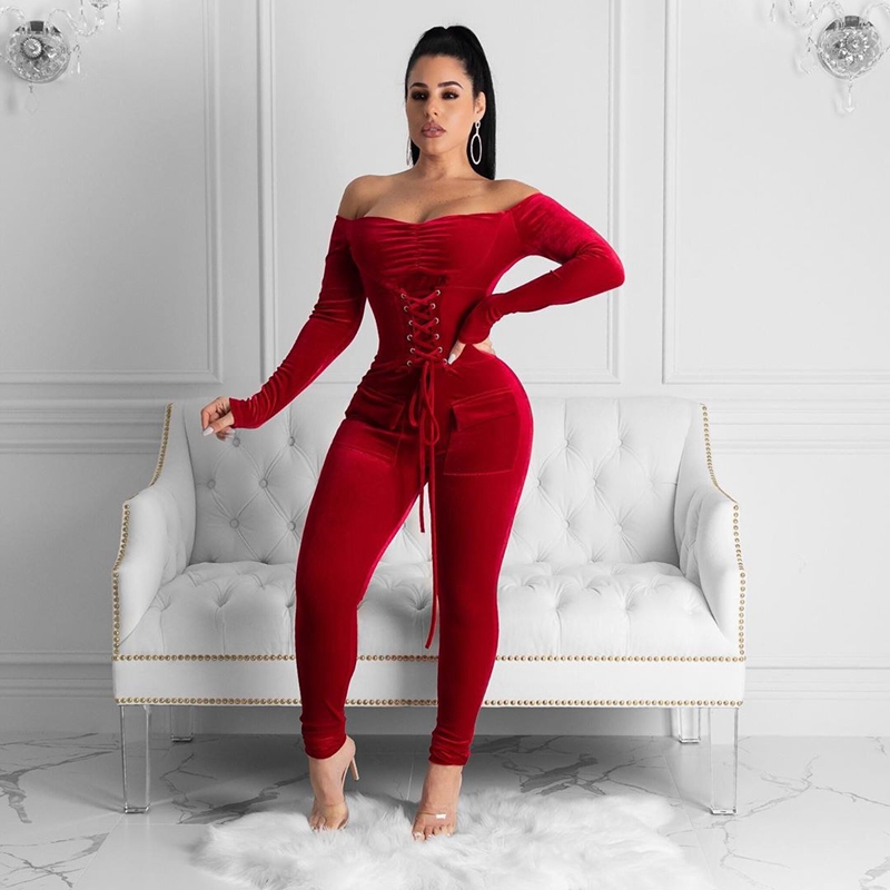 

off shoulder velvet jumpsuit women long sleeve romper bodycon lace up skinnyjumpsuit night club party jumpsuit overalls, Black;white