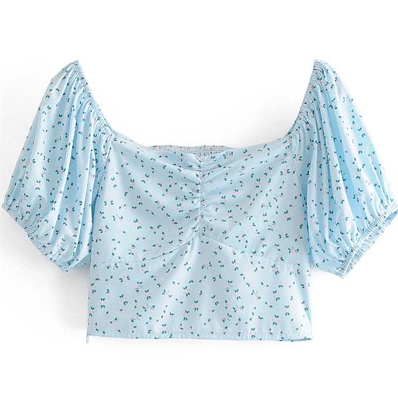 

Square Neck Women T Shirt Short Puff Sleeve Backless Crop Top Sexy Ladies Summer Blue Casual Elegant 210524, As the photo