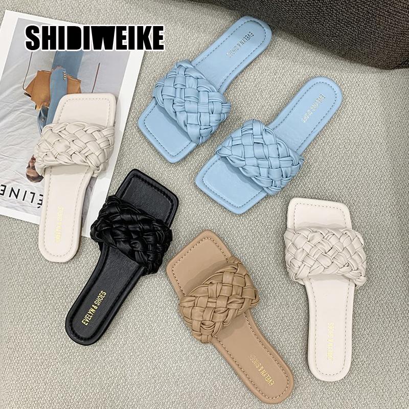 

Summer Beach Slipper Shoe Hand Woven Woman Flipflops Square Toe Slip On Lazy Mullers Shoes Casual Outdoor Wear Female Vc155 Slippers, Black