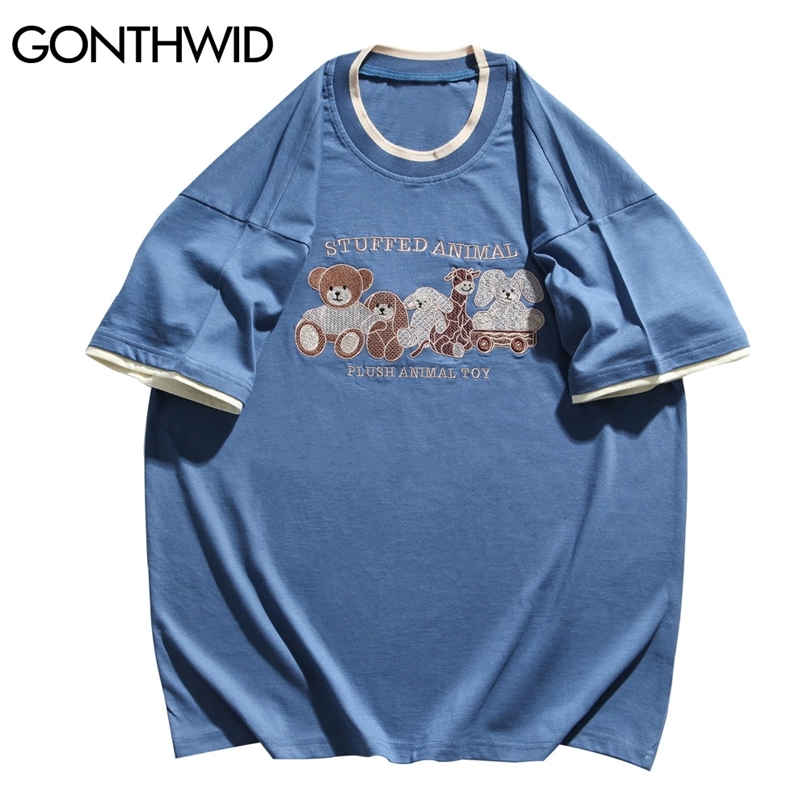 

Tshirts Embroidery Animal Toy Fake 2 Pieces Tees Shirts Streetwear Mens Hip Hop Fashion Casual Loose Short Sleeve Tops 210602, Blue