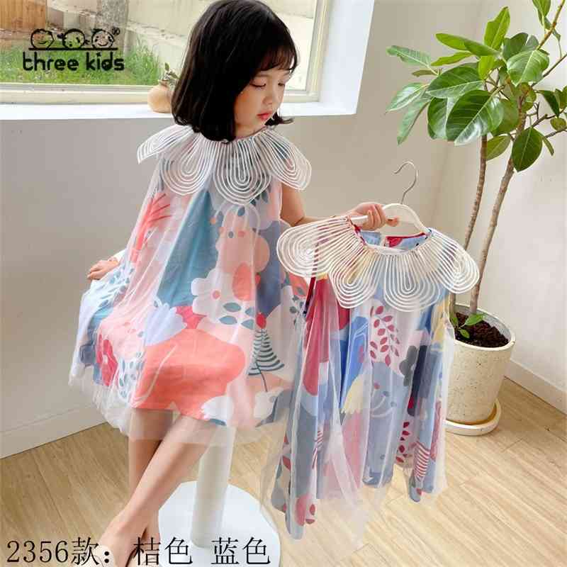 

Threekids children's 2021 summer new sleeveless princess dress baby silk skirt, Orange print