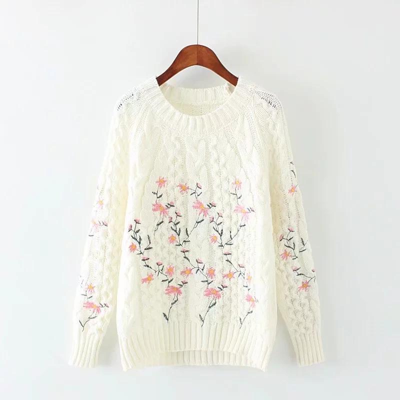 

Women's Sweaters Autumn And Winter Style Japanese Sweet Flower Embroidery Knitted Sweater Warm Knit Pullover Super Age Reduction, White
