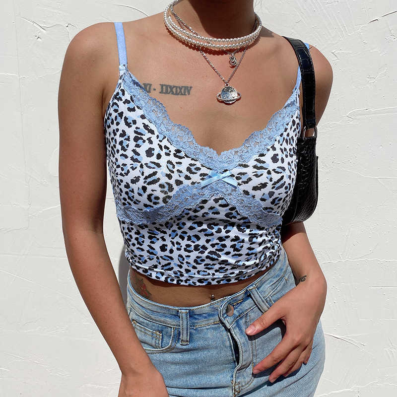 

HEYounGIRL Patcwhork Lace Leopard Spaghetti Strap Top Sleeveless 90s Crop Tee Frill Y2k Sexy Cami Summer Streetwear 210608, Blue