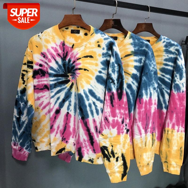 

INS hip-hop oversize tie-dye swirl multicolored cotton terry pullover round neck sweater #lI6R, Black